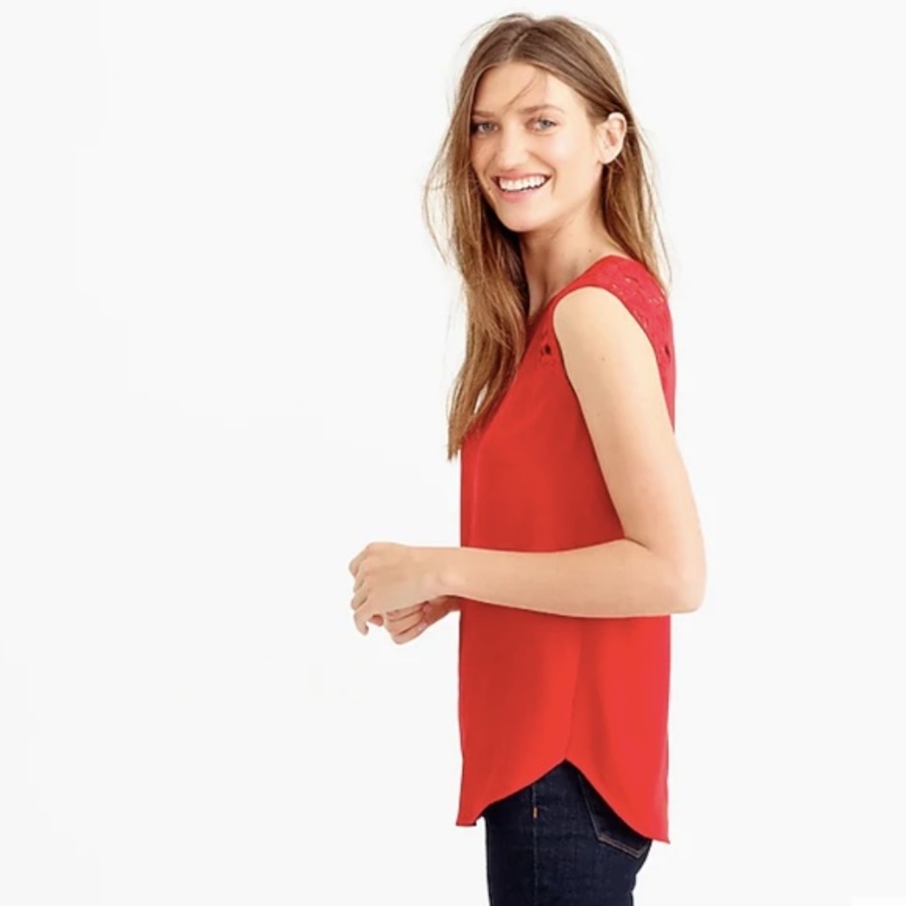 J. Crew Red Floral Lace Shoulder Sleeveless Top 0P